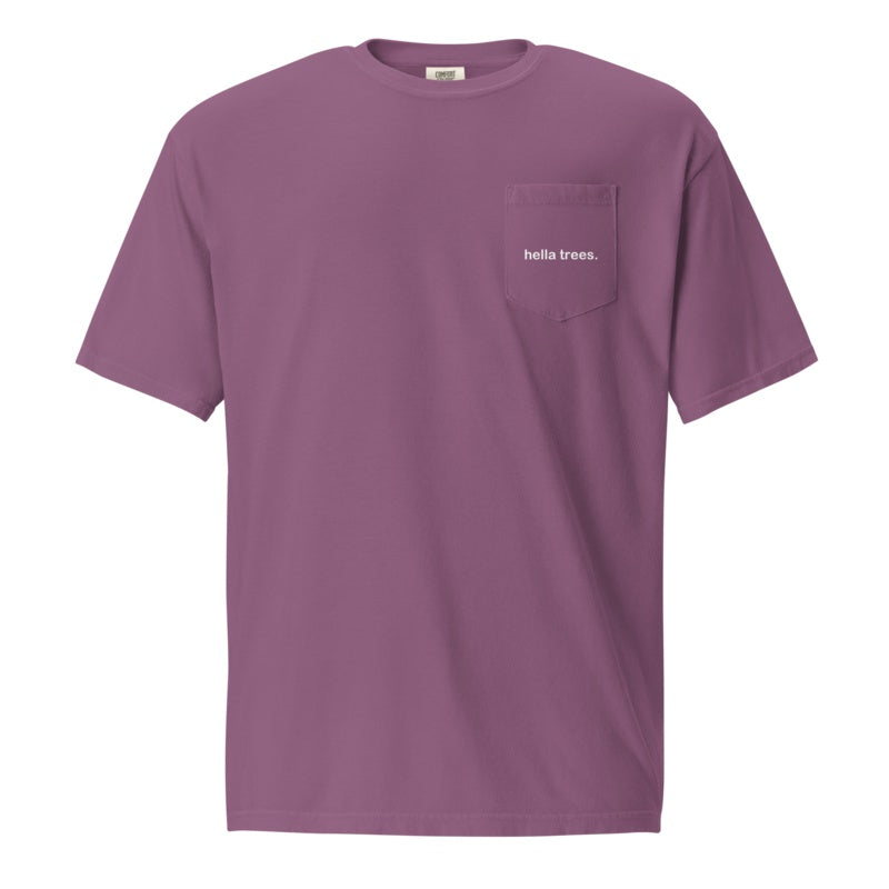 hella trees. cotton pocket tee studio product shot - Berry