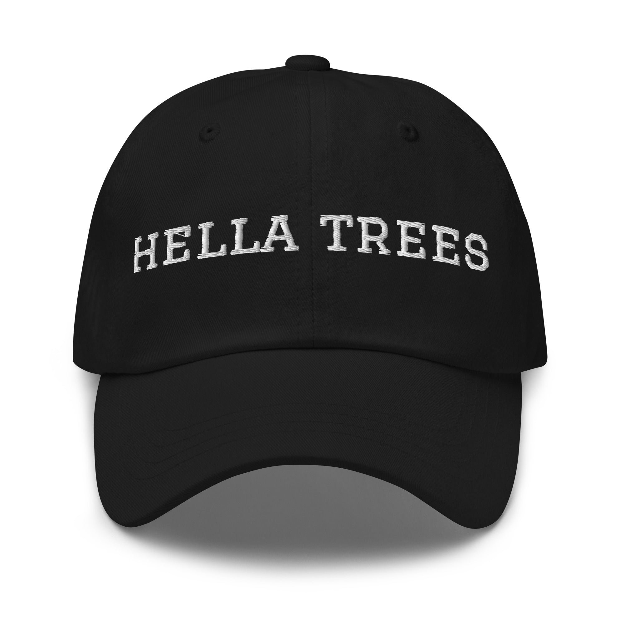 hella trees. Dad Cap mockup - Black - White embroidery - Varsity