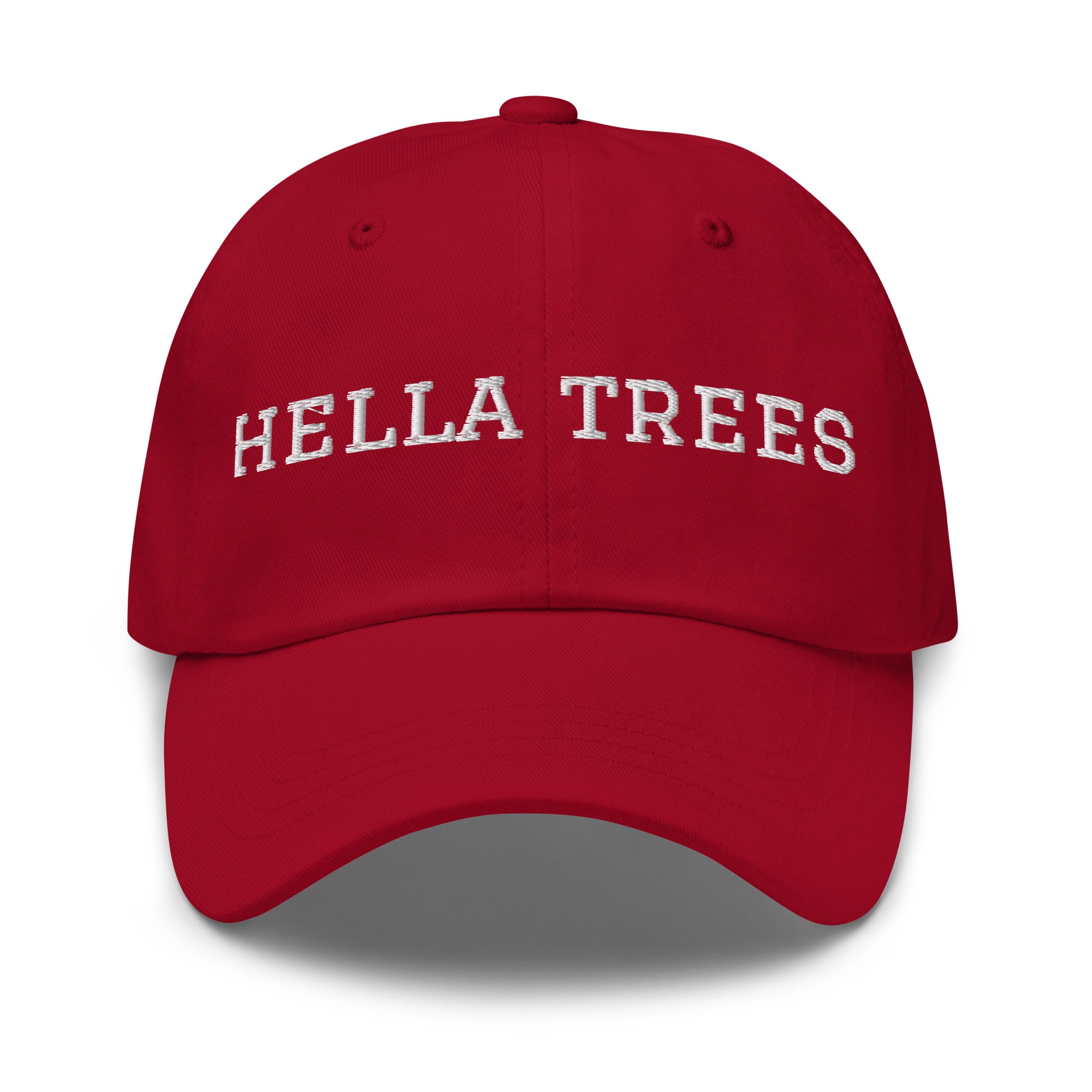 hella trees. Dad Cap mockup - Cranberry - White embroidery - Varsity