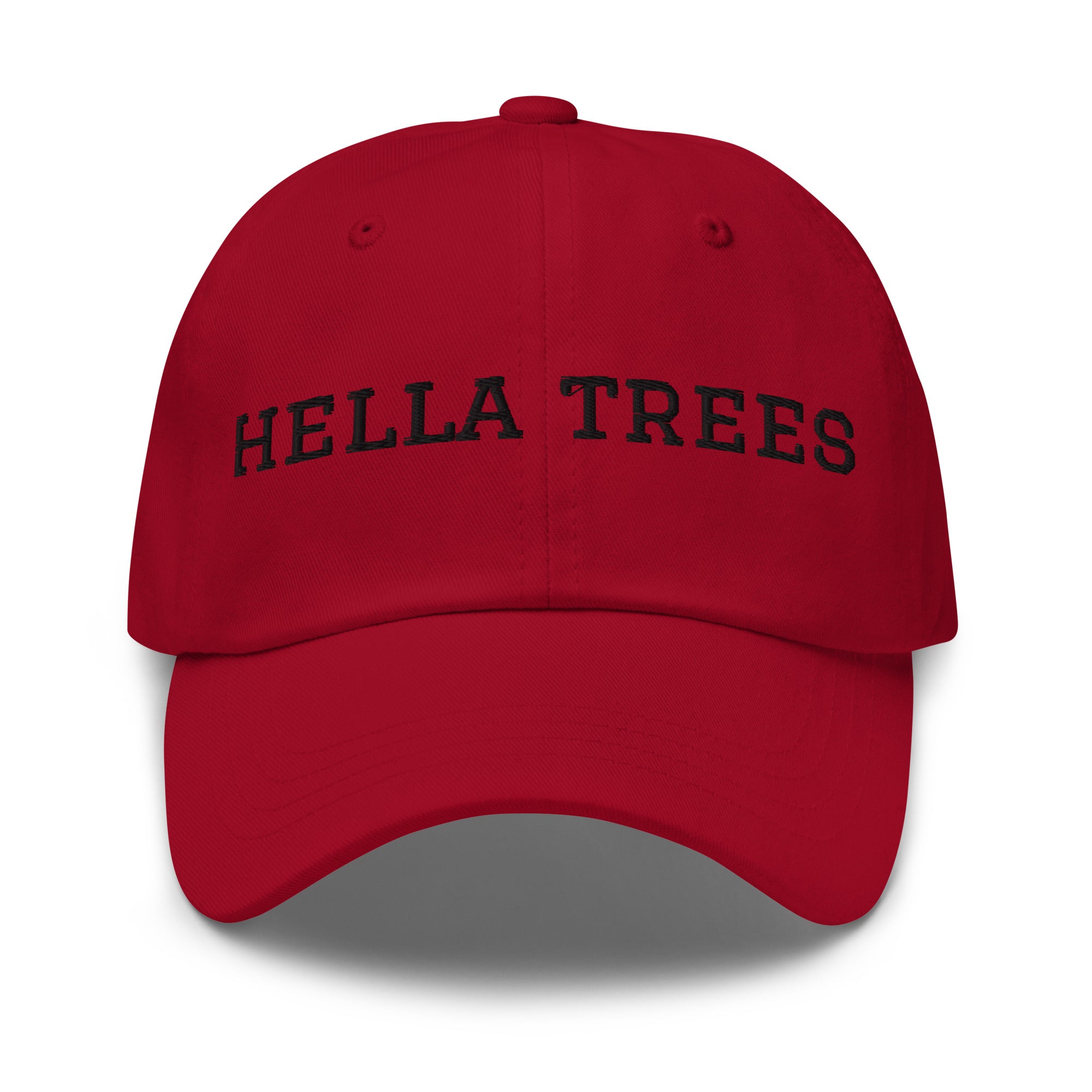 hella trees. Dad Cap mockup - Cranberry - Black embroidery - Varsity