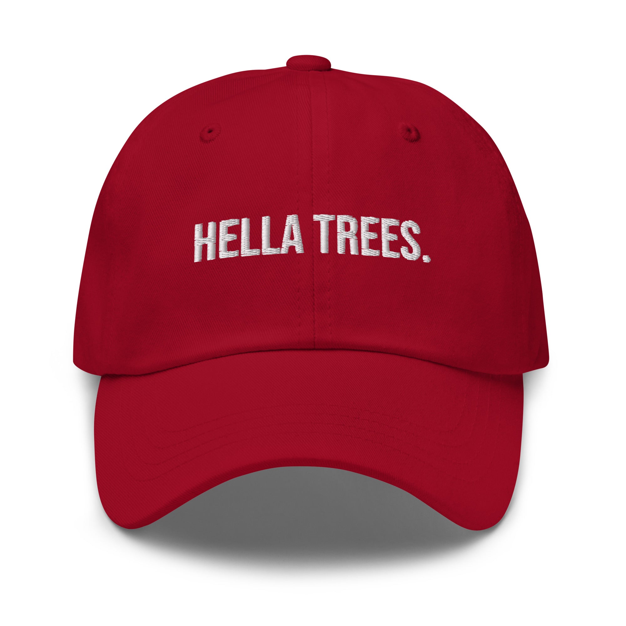 hella trees. Dad Cap mockup - Cranberry - White embroidery - Bold