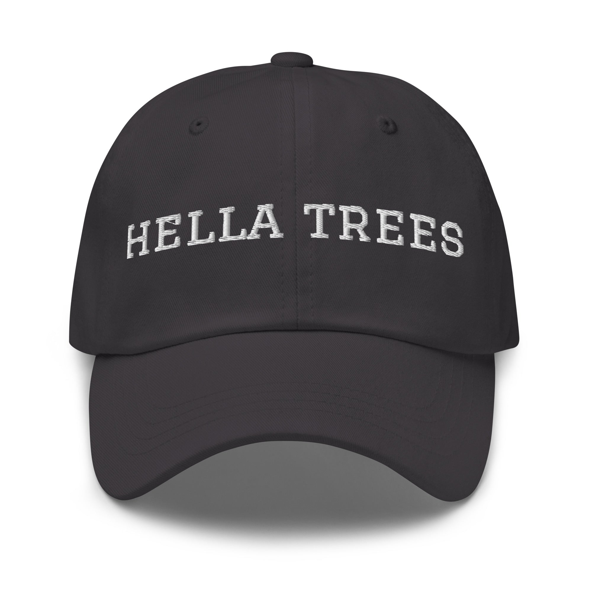 hella trees. Dad Cap mockup - Dark Grey - White embroidery - Varsity