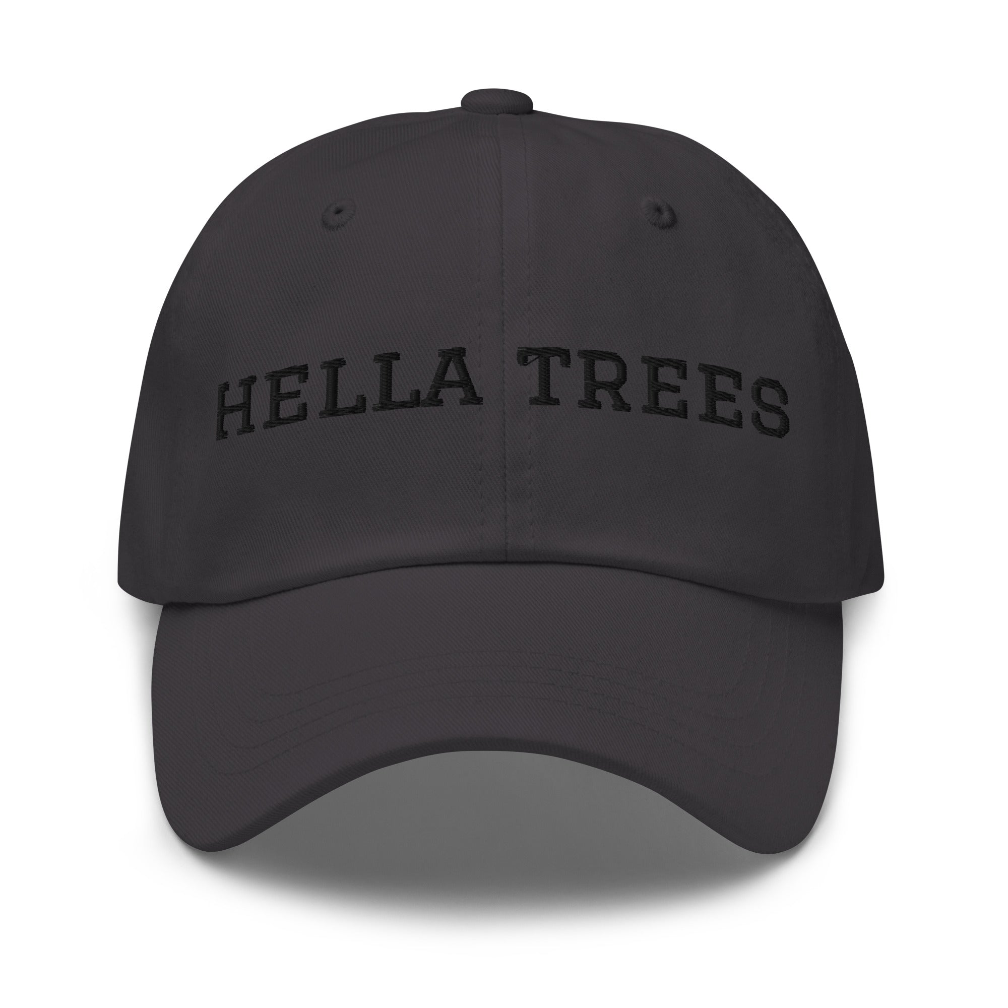 hella trees. Dad Cap mockup - Dark Grey - Black embroidery - Varsity