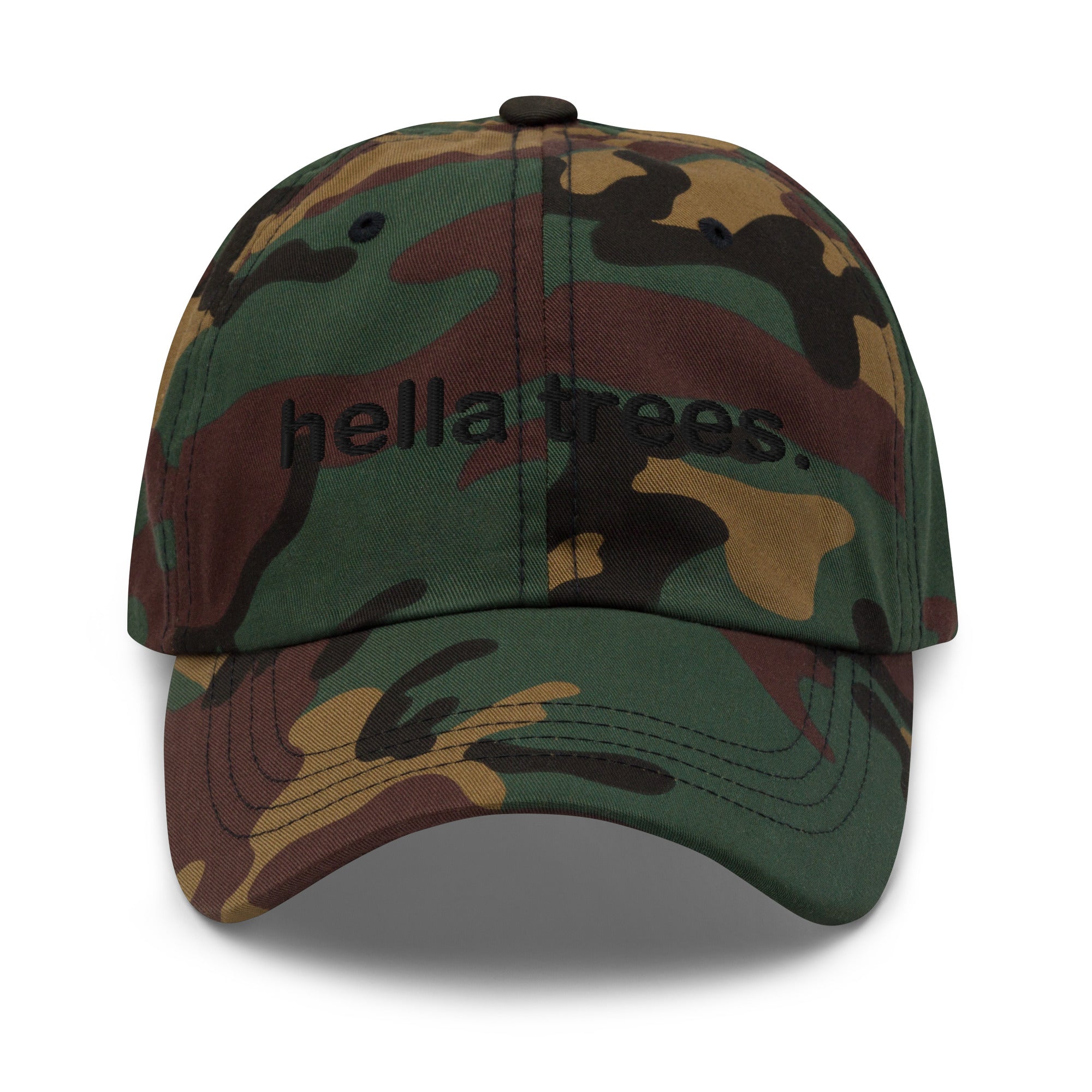 hella trees. Dad Cap mockup - Green Camo - Black embroidery