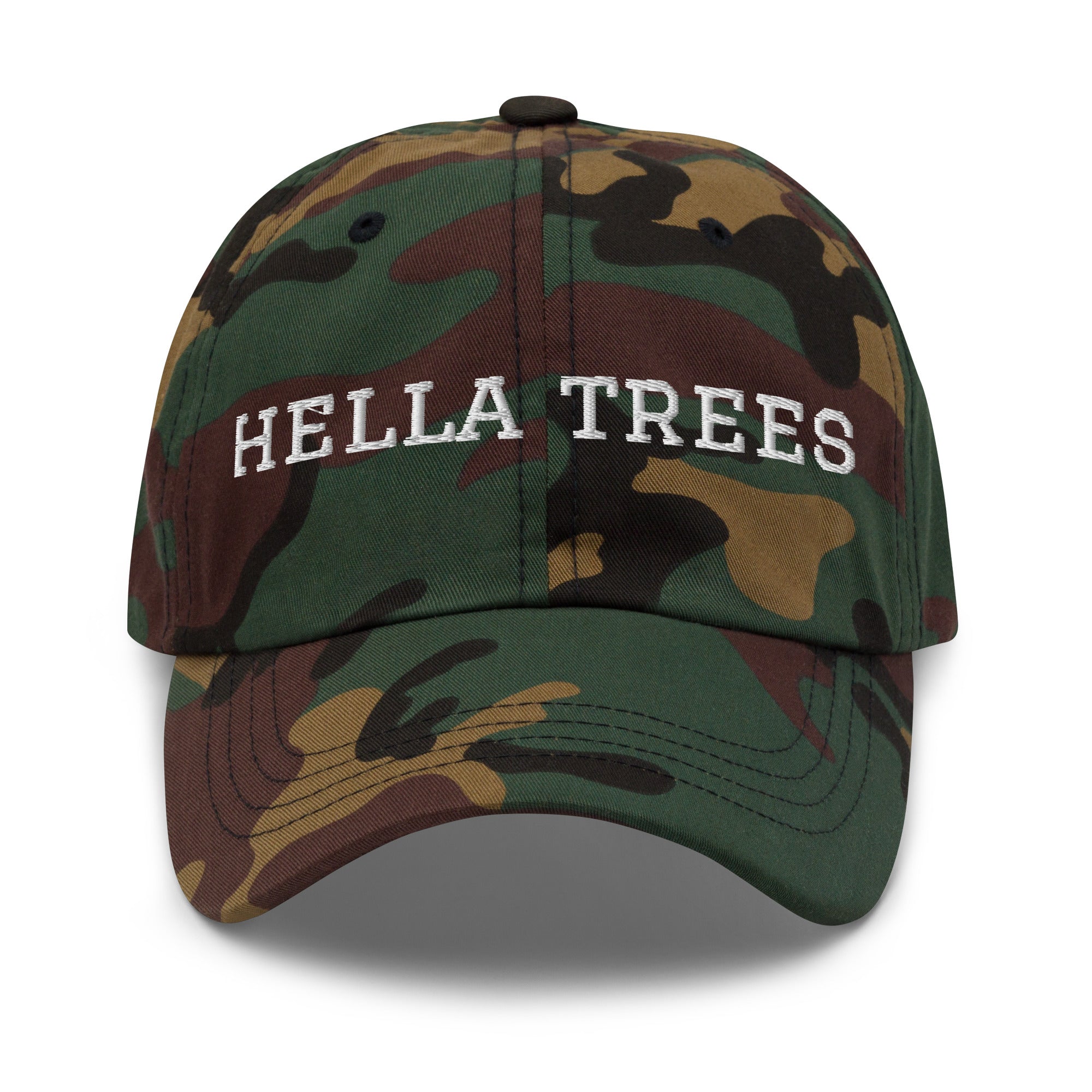 hella trees. Dad Cap mockup - Green Camo - White embroidery - Varsity