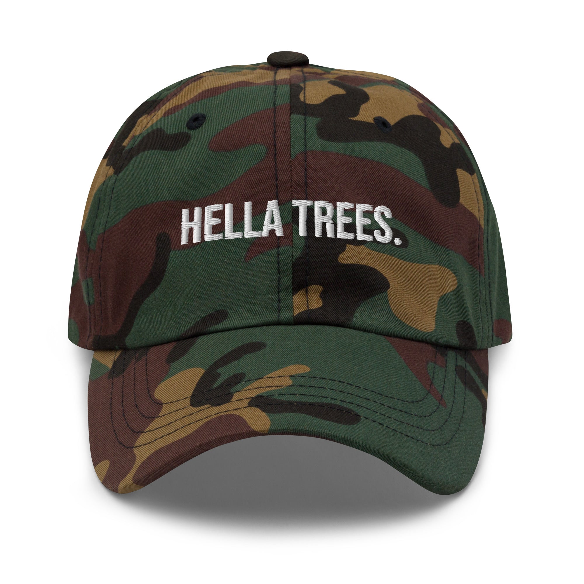 hella trees. Dad Cap mockup - Green Camo - White embroidery - Bold