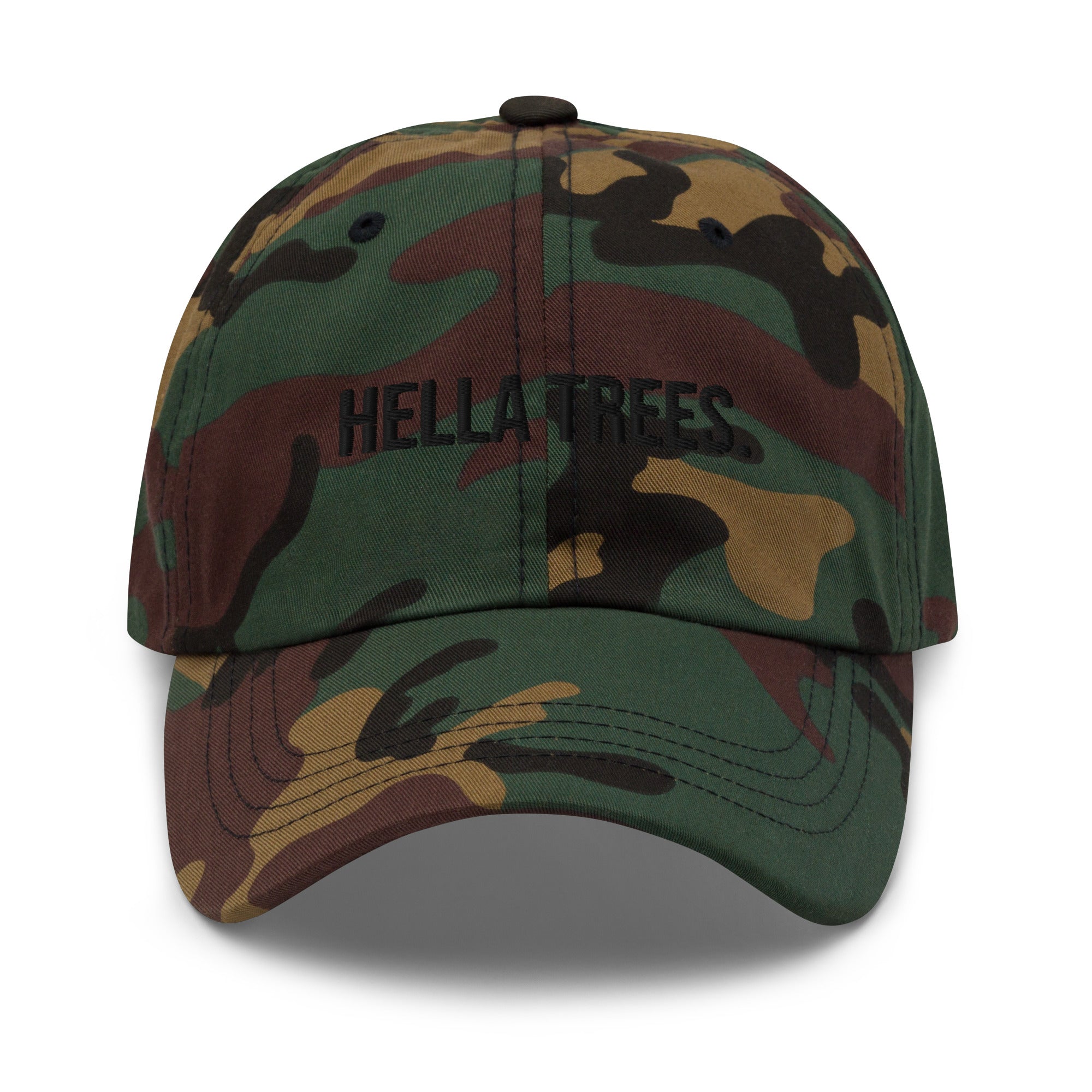 hella trees. Dad Cap mockup - Green Camo - Black embroidery - Bold