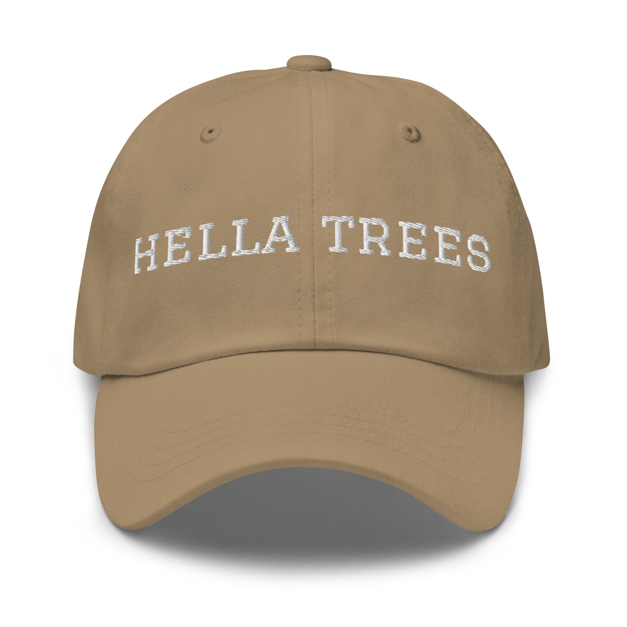 hella trees. Dad Cap mockup - Khaki - White embroidery - Varsity