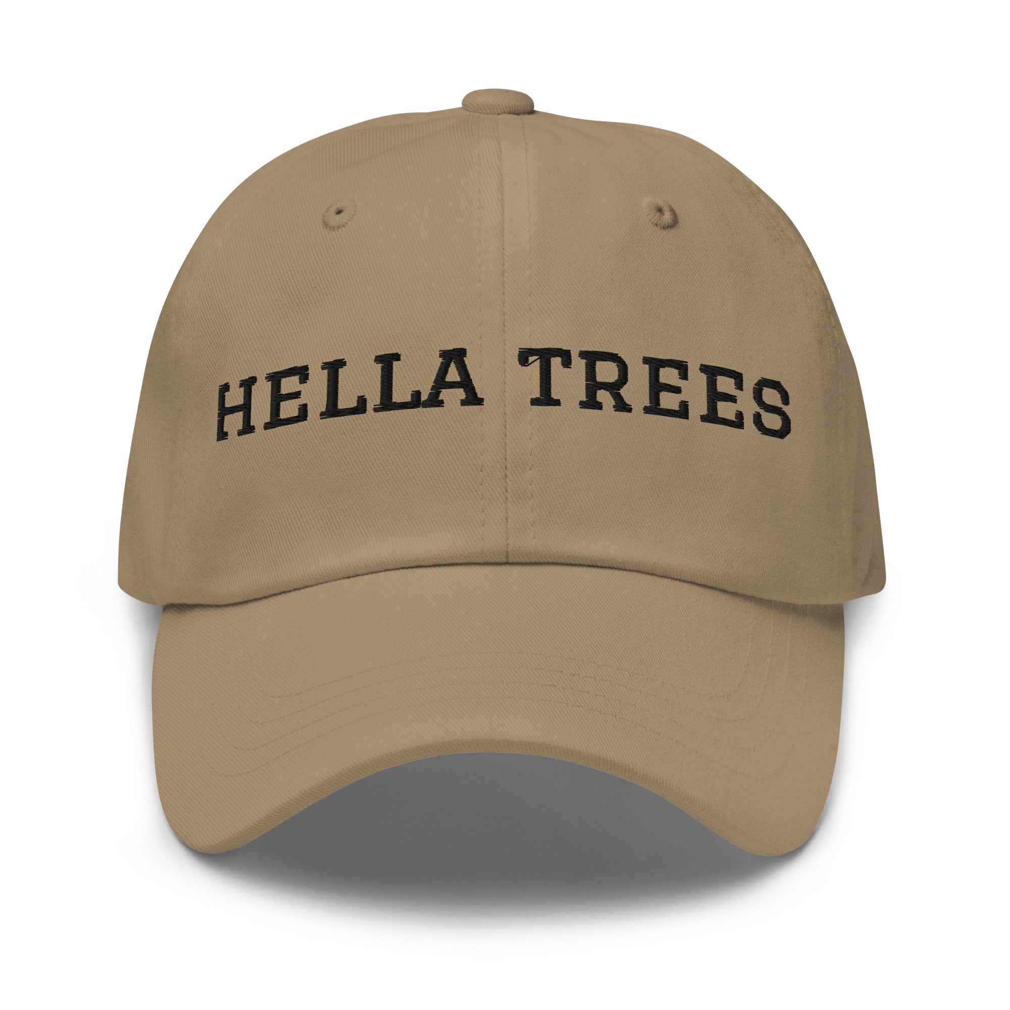 hella trees. Dad Cap mockup - Khaki - Black embroidery - Varsity