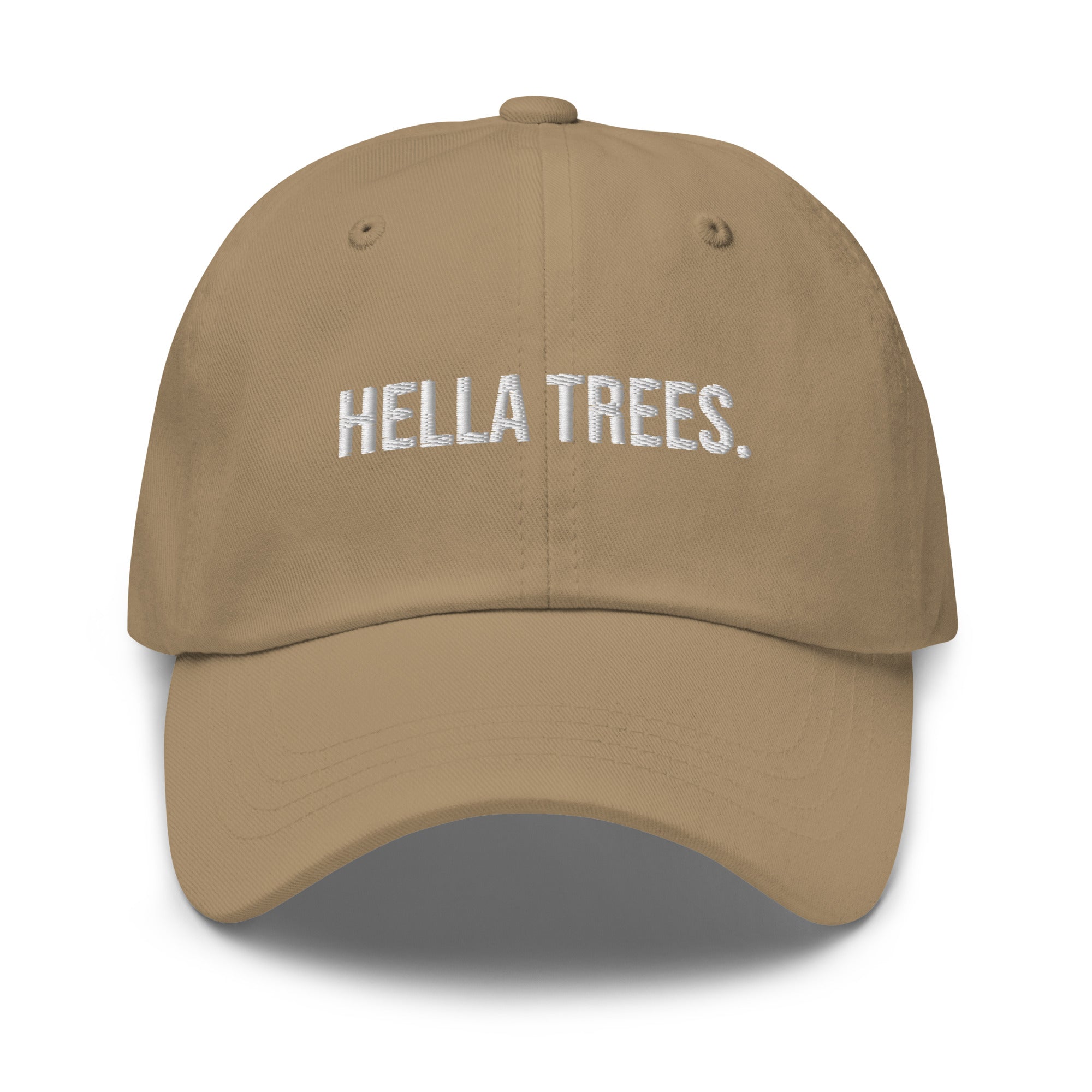 hella trees. Dad Cap mockup - Khaki - White embroidery - Bold