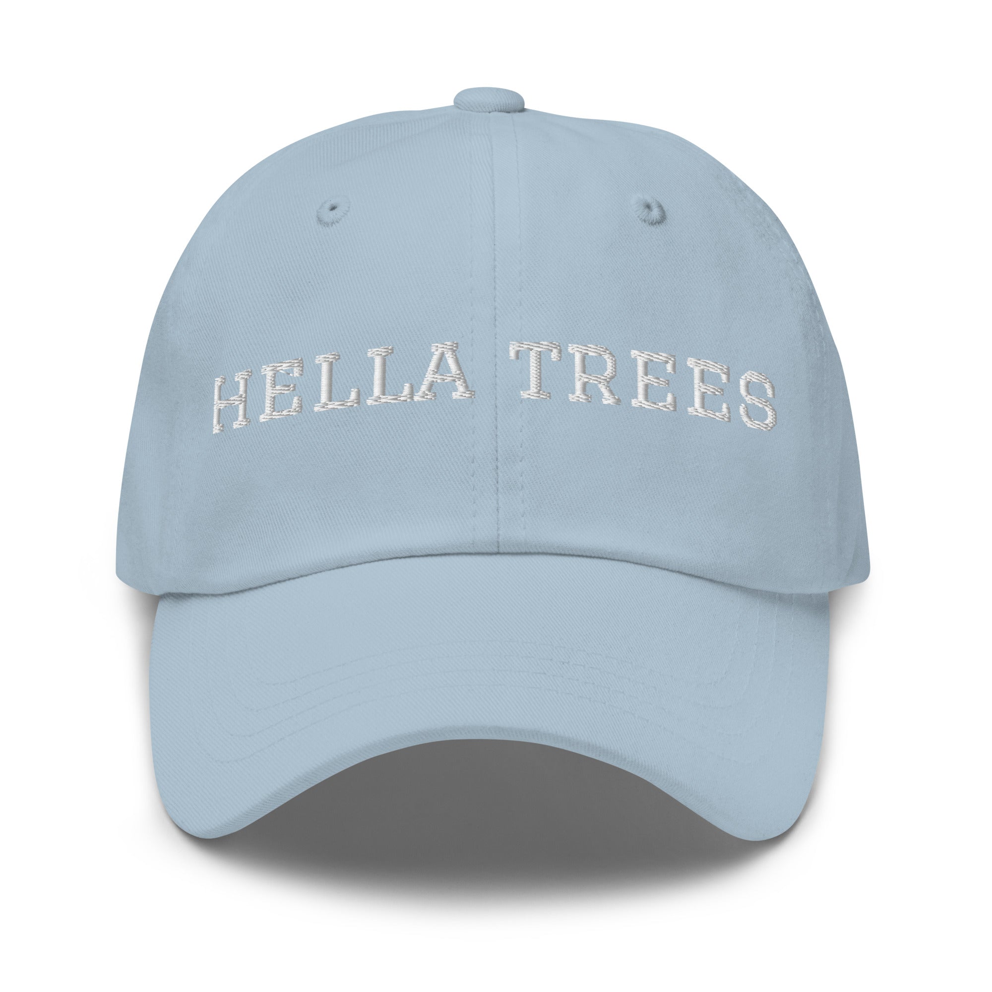 hella trees. Dad Cap mockup - Light Blue - White embroidery - Varsity