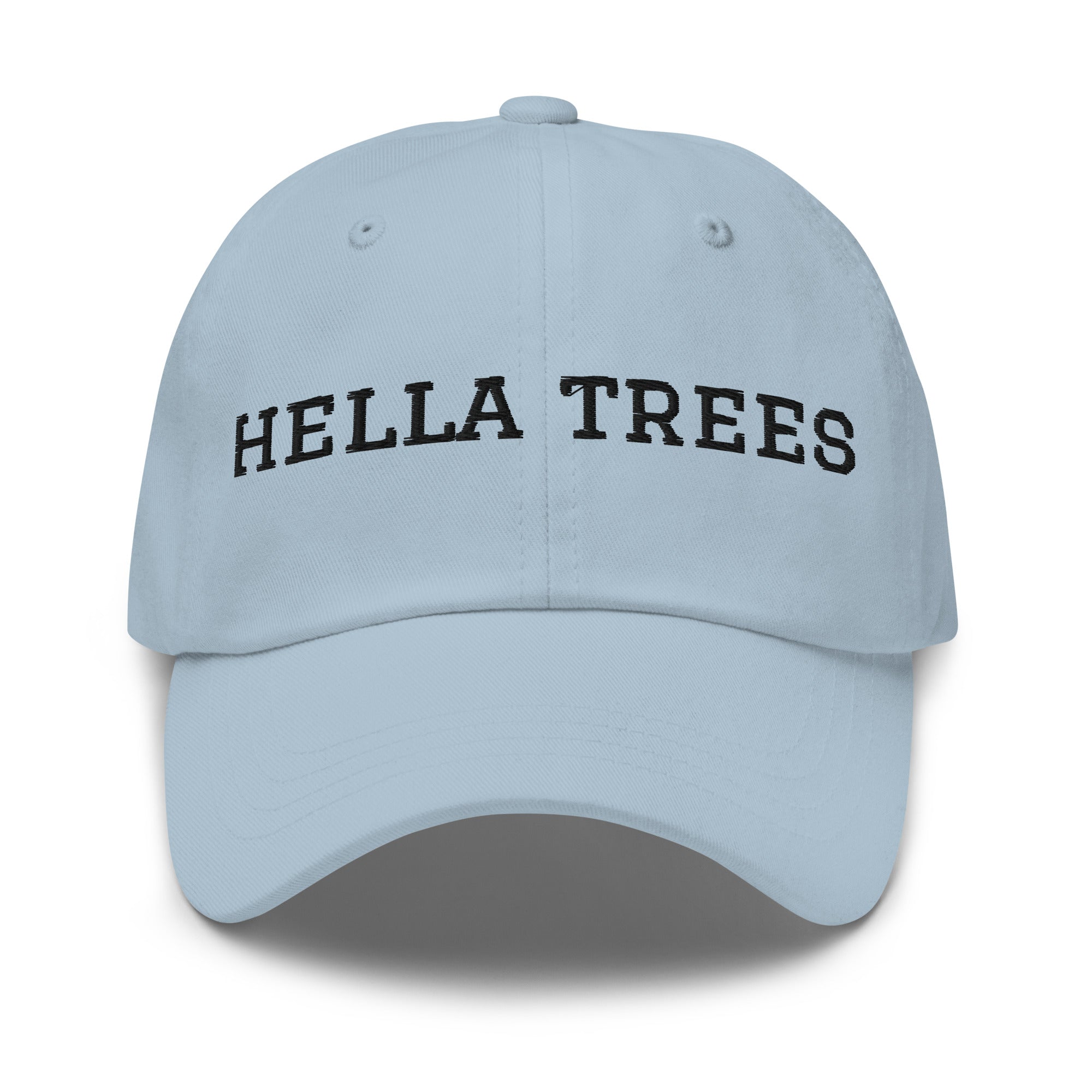 hella trees. Dad Cap mockup - Light Blue - Black embroidery - Varsity