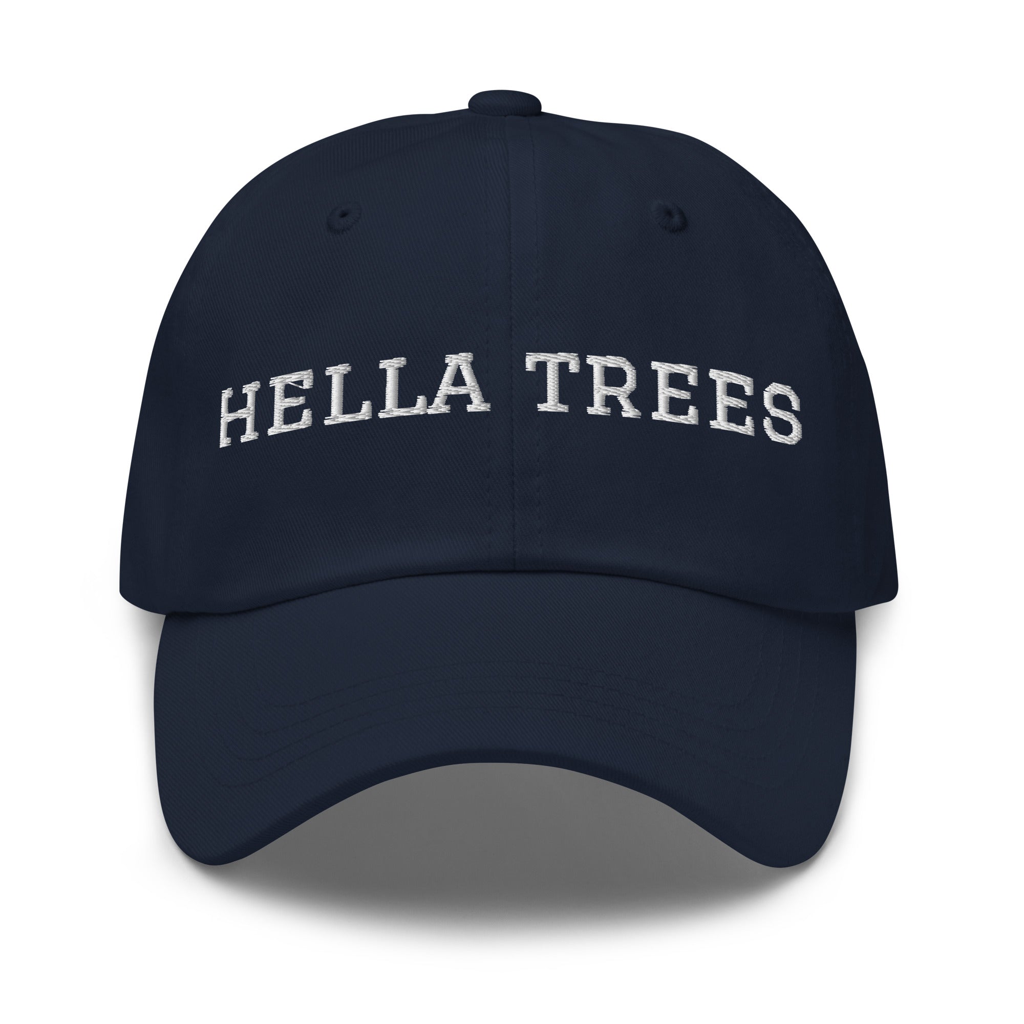 hella trees. Dad Cap mockup - Navy - White embroidery - Varsity