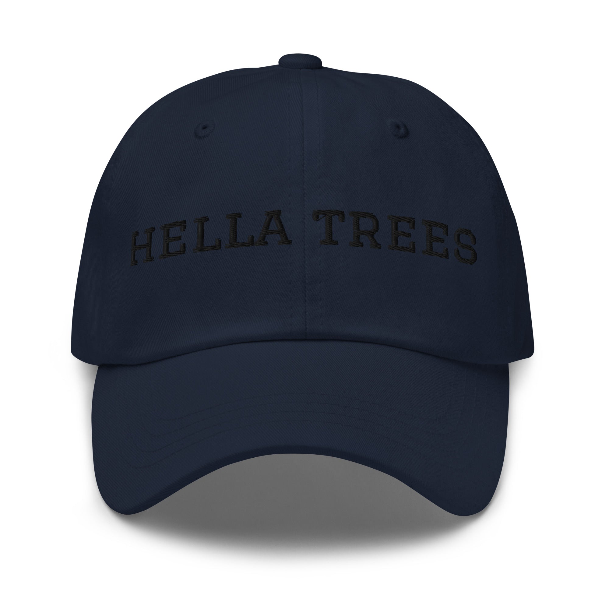 hella trees. Dad Cap mockup - Navy - Black embroidery - Varsity