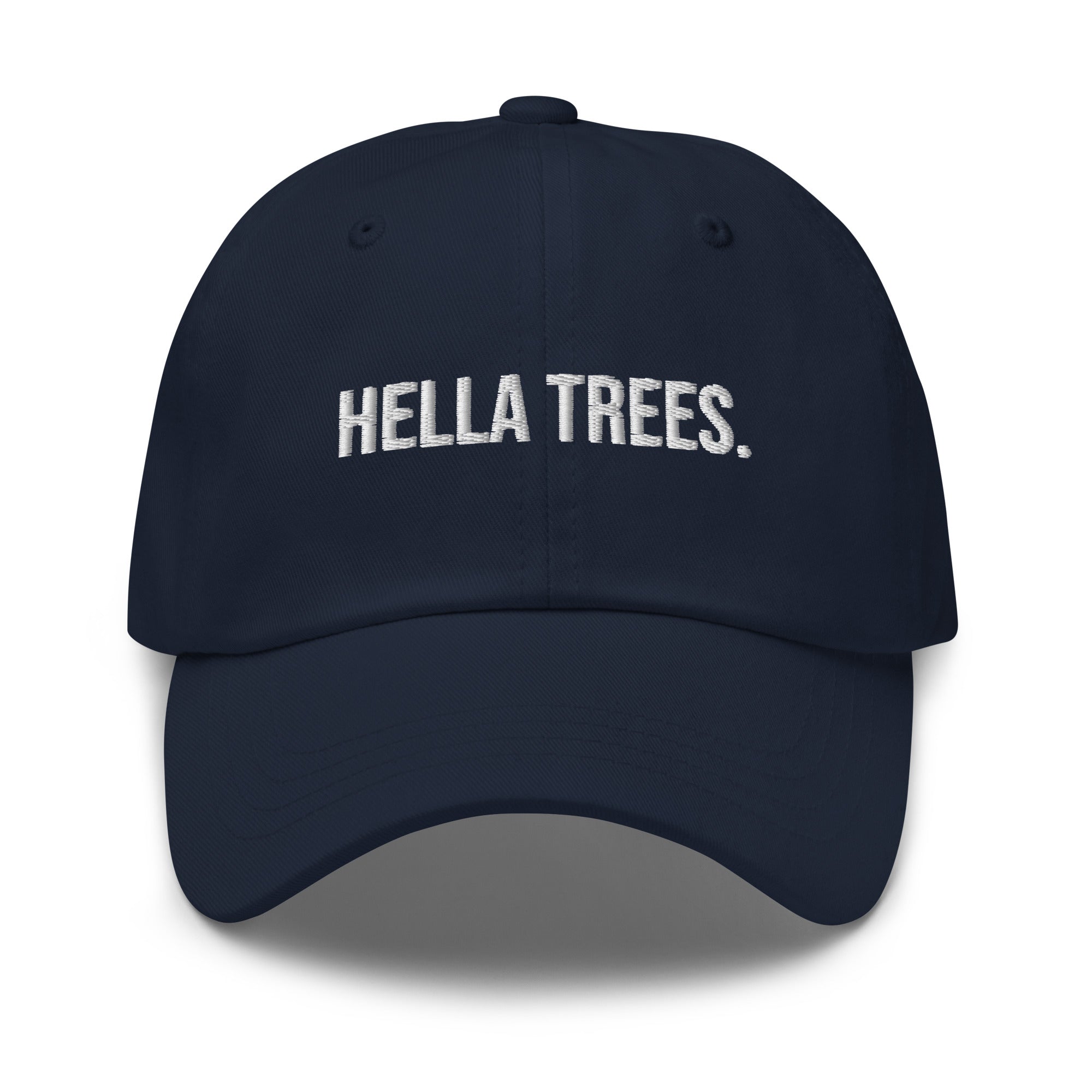 hella trees. Dad Cap mockup - Navy - White embroidery - Bold