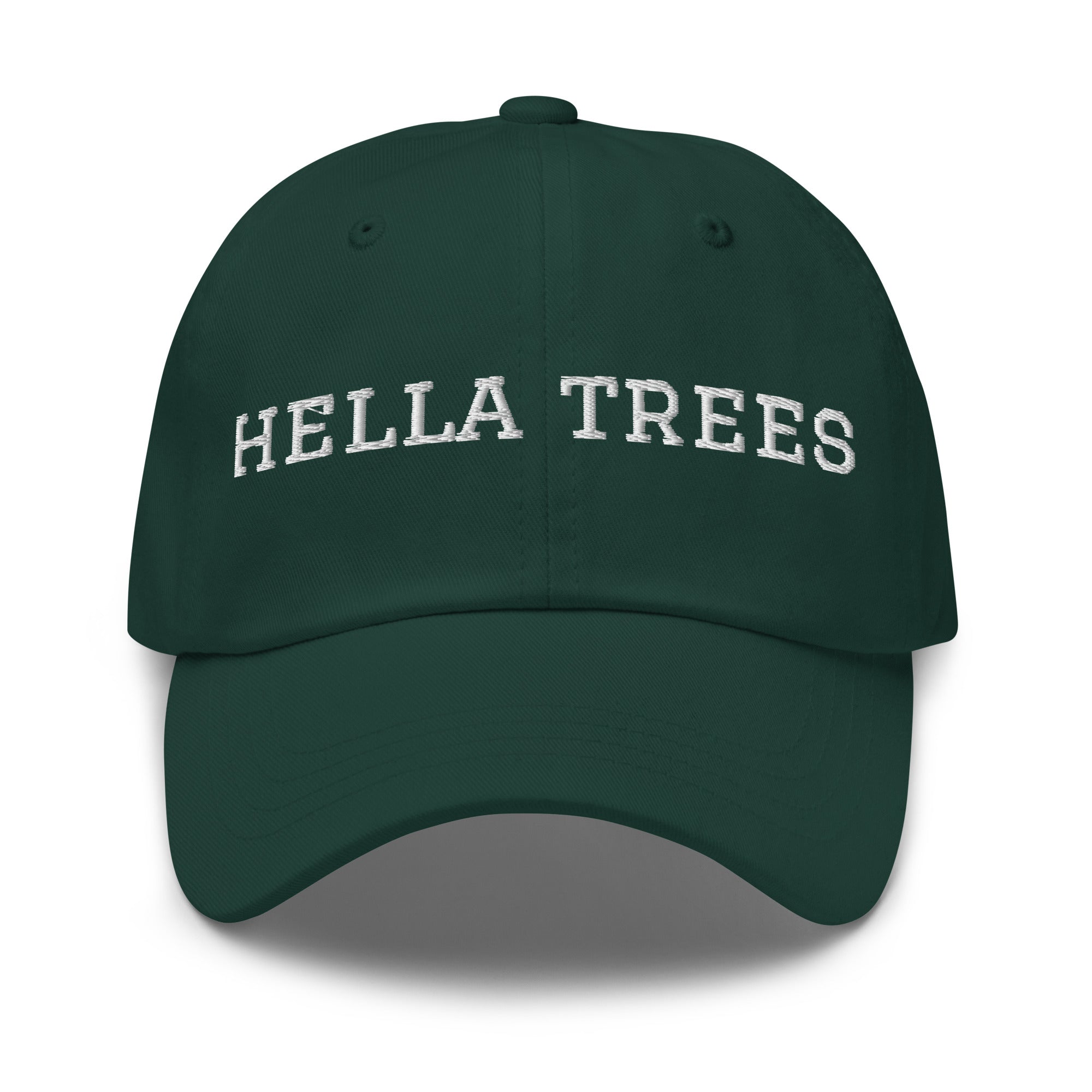 hella trees. Dad Cap mockup - Spruce - White embroidery - Varsity