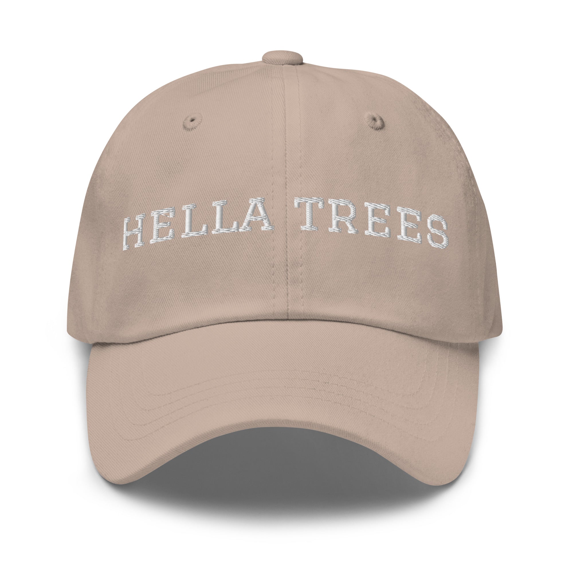 hella trees. Dad Cap mockup - Stone - White embroidery - Varsity
