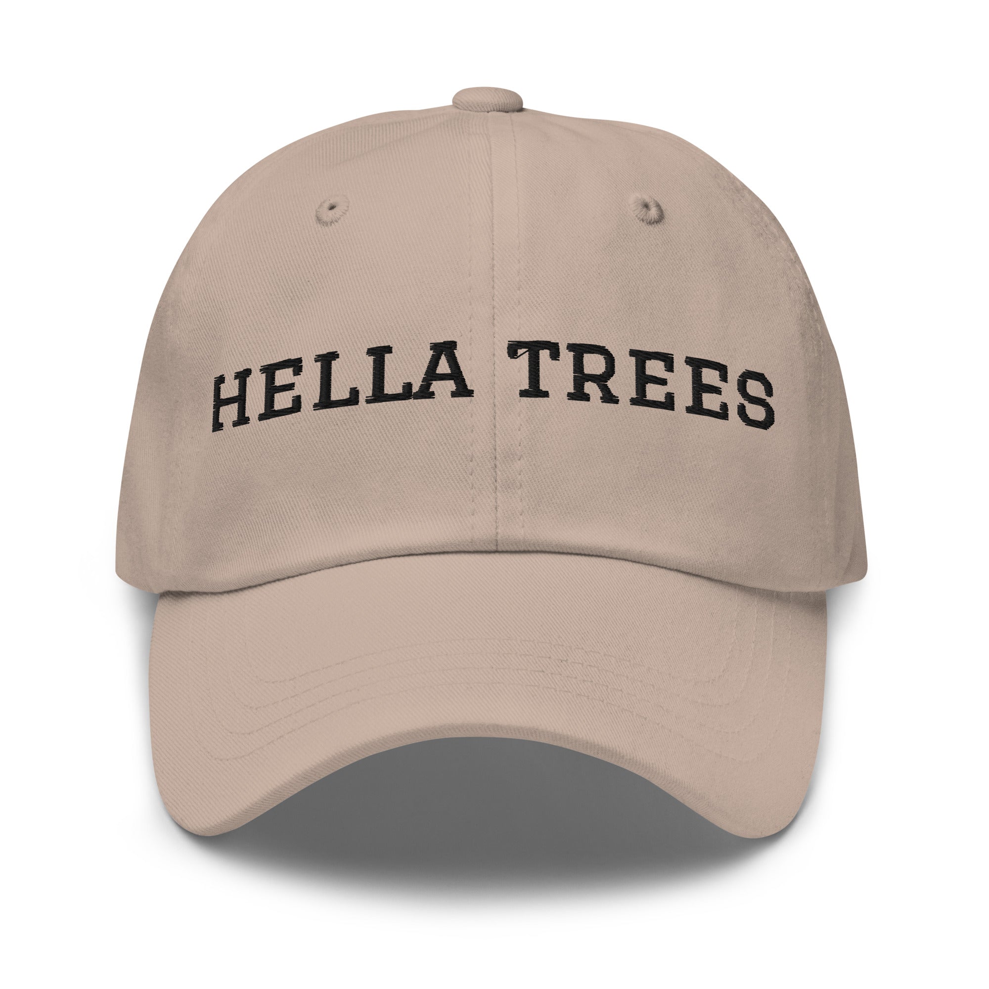 hella trees. Dad Cap mockup - Stone - Black embroidery - Varsity