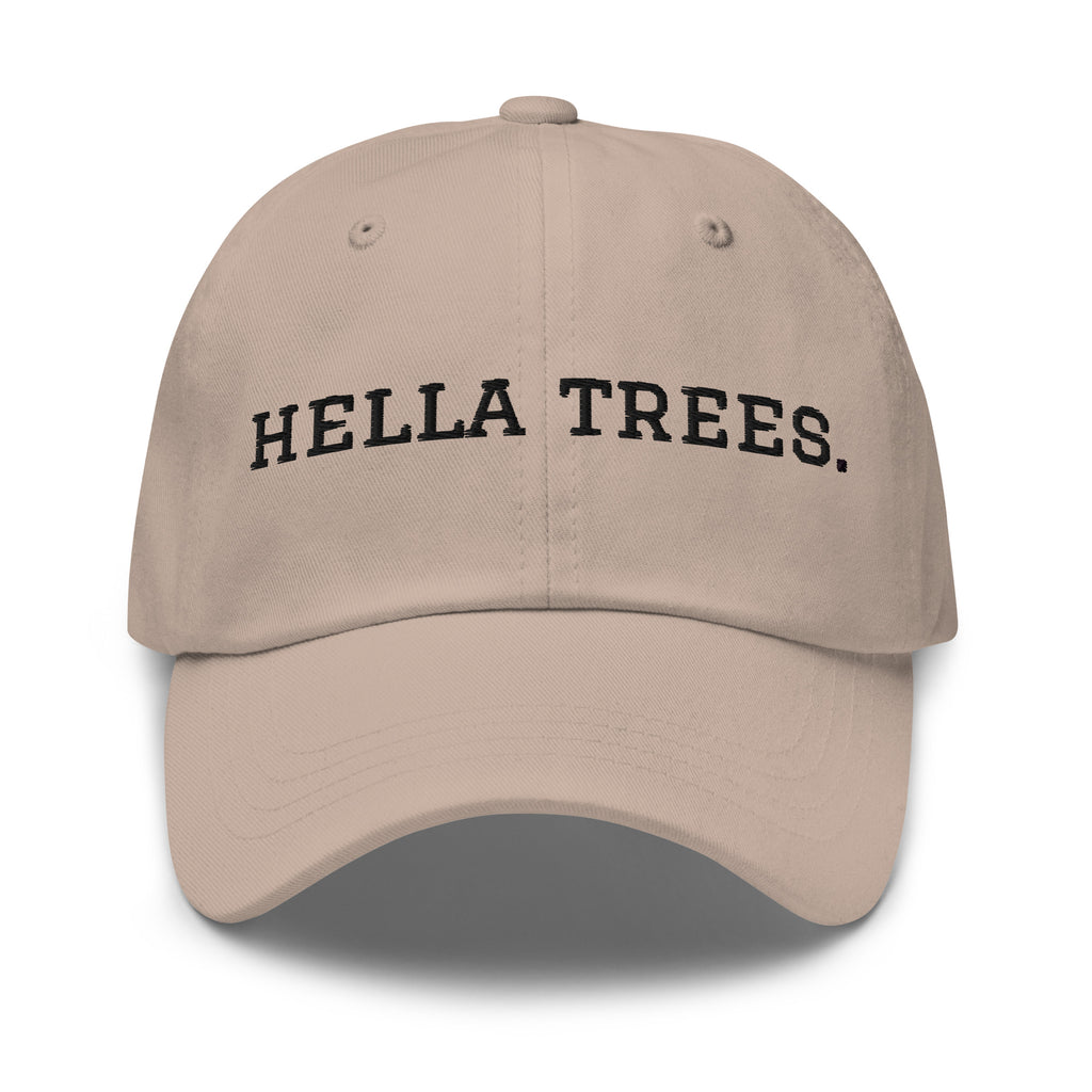 hella trees. Dad Cap mockup - Stone - Black embroidery - Varsity