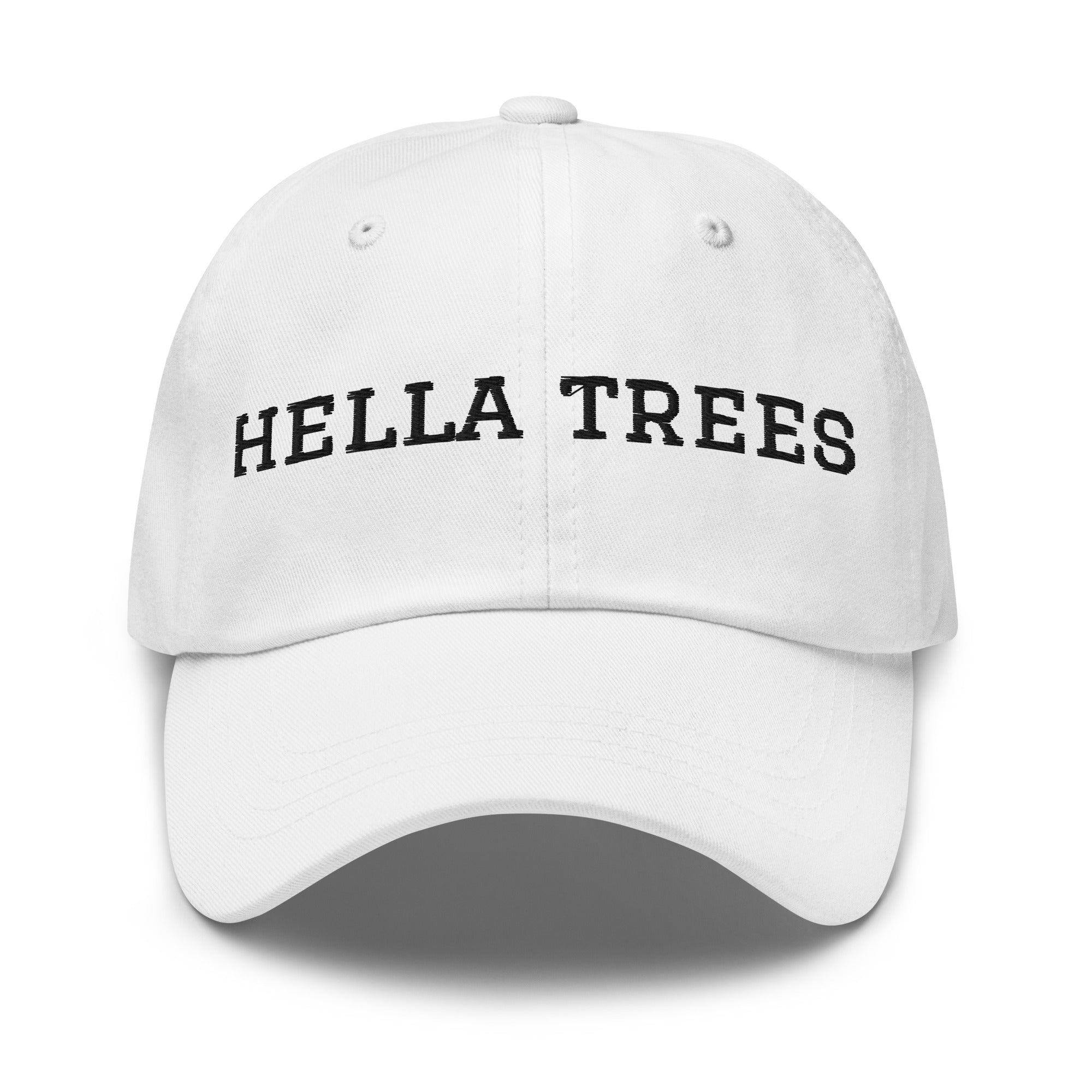 hella trees. Dad Cap mockup - White - Black embroidery - Varsity