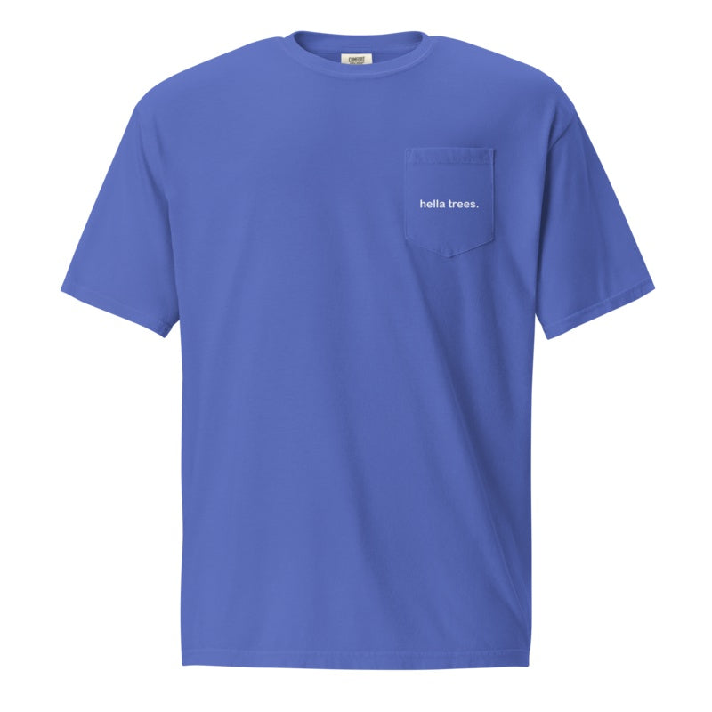 hella trees. cotton pocket tee studio product shot - Flo Blue