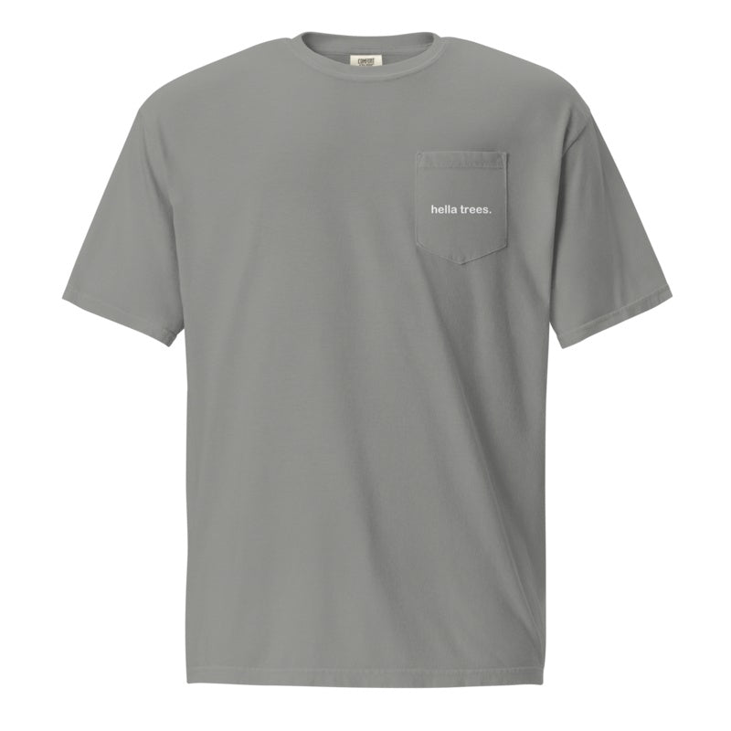 hella trees. cotton pocket tee studio product shot - Grey