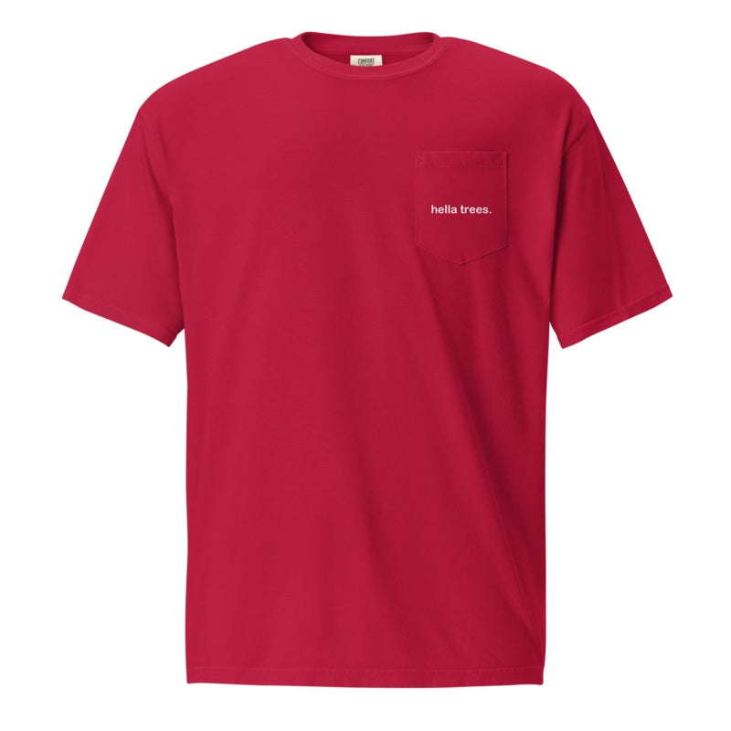 hella trees. cotton pocket tee studio product shot - Red